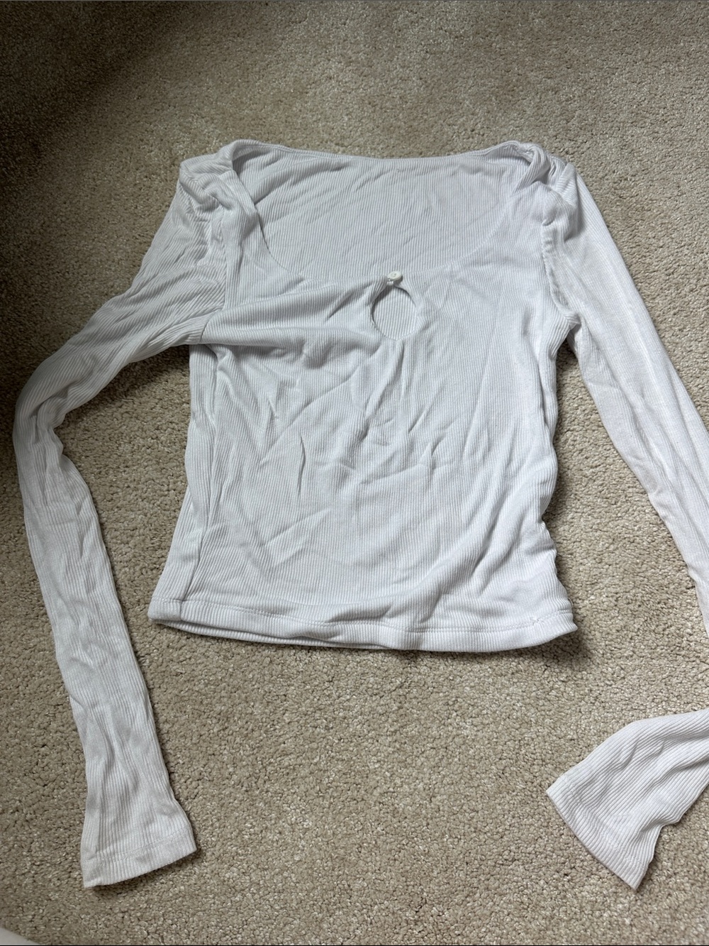 White Long-Sleeve Ribbed Top with Front Keyhole